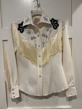 Western Fringe Button-Down Shirt in Cream with Black Embroidery